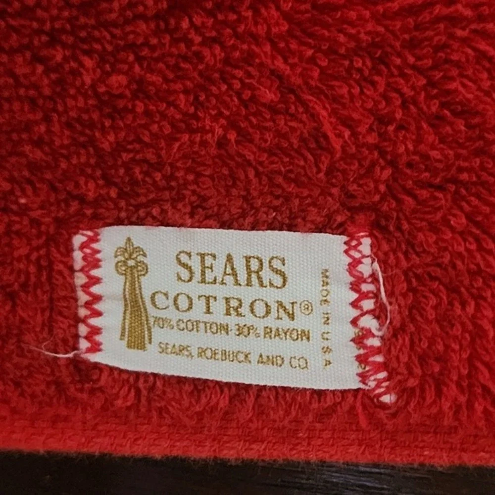 Vintage Sears Cotron Red Towel Set 3pc Floral Crochet Scalloped Edge Mid Century